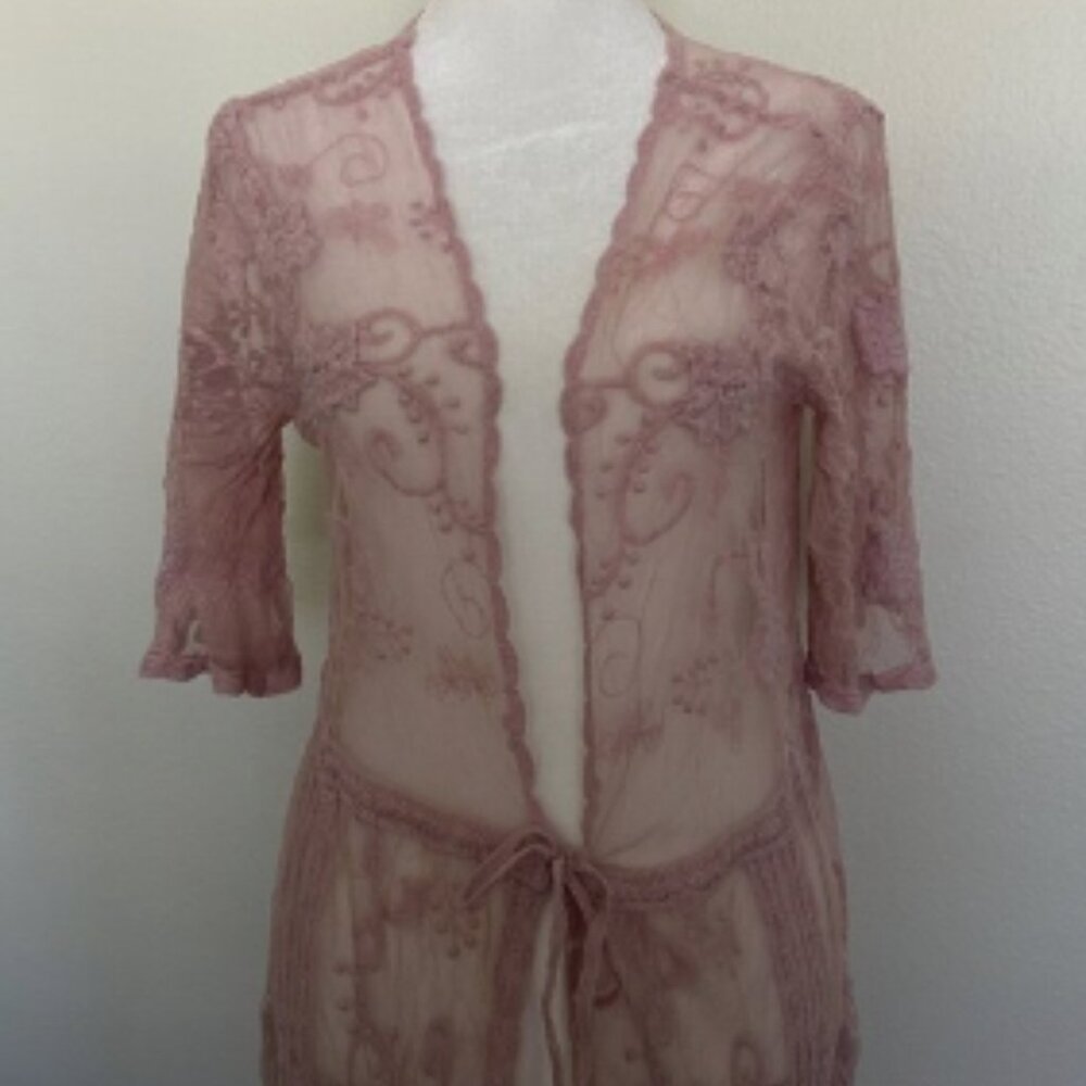 Forgotten Grace Pink Lace Cardigan Duster Tie Front Romantic Boho Topper Sheer - Picture 5 of 7